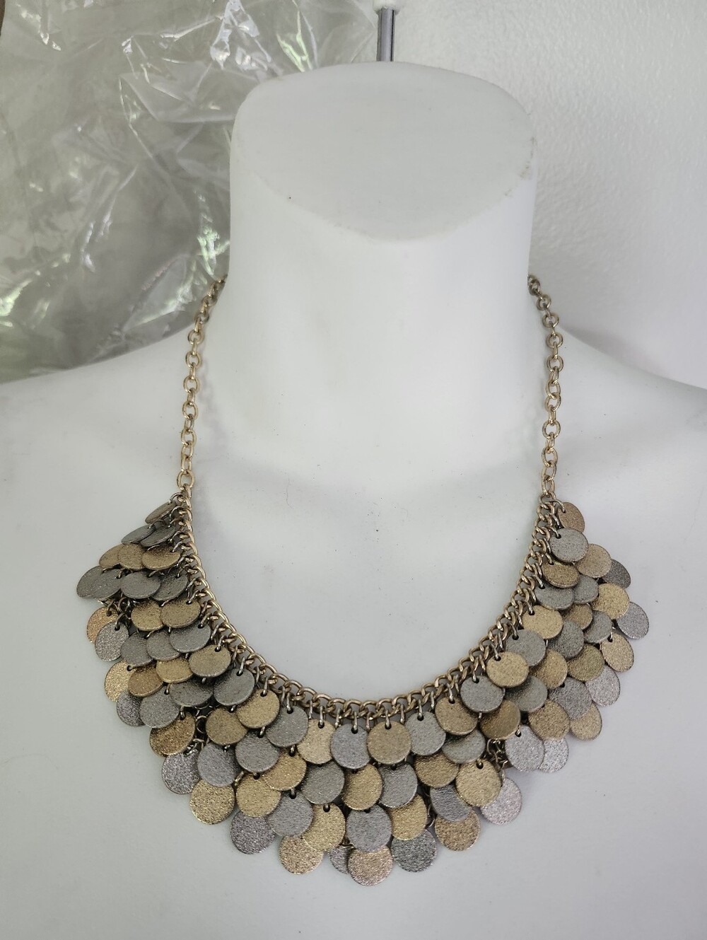 Multi Layered Gold and Silver Tone Disc Bib Necklace - 18 -20 Inches